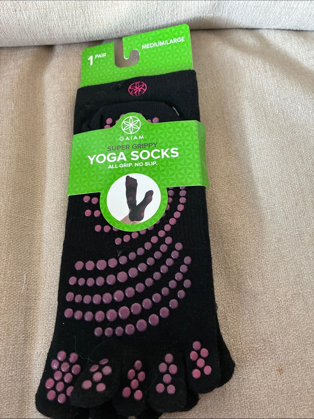 GAIAM Black Toe Yoga Socks with Purple Grip Dots